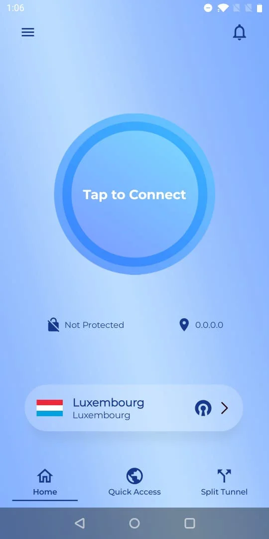 KloxVPN app — main dashboard connected
