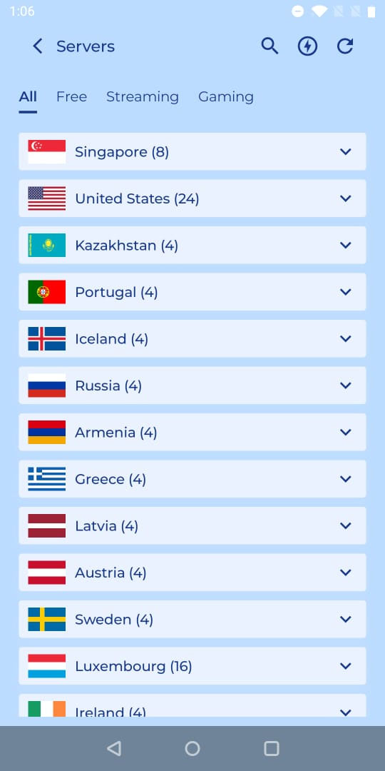 KloxVPN app — server location list