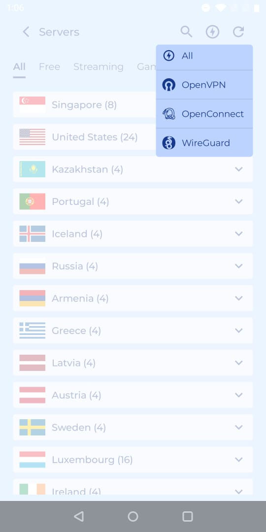 KloxVPN app — VPN protocol settings