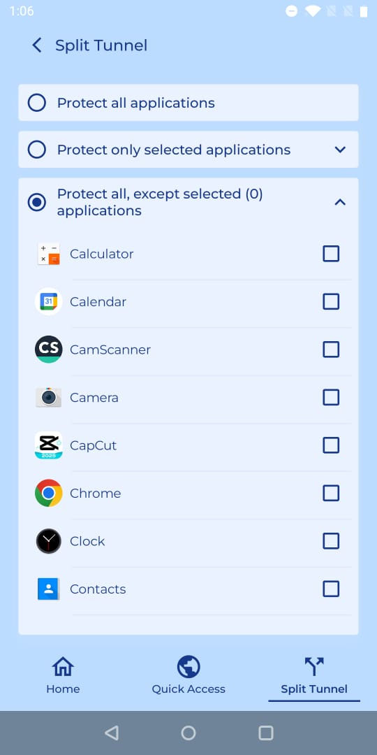 KloxVPN app — split tunnel settings