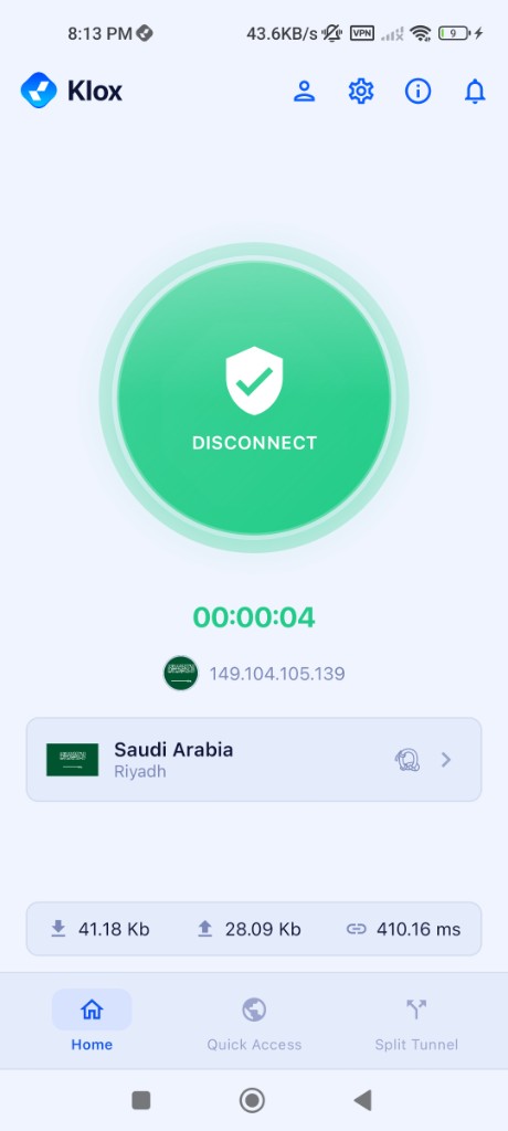 KloxVPN for Android — connected to Riyadh with live download, upload and latency