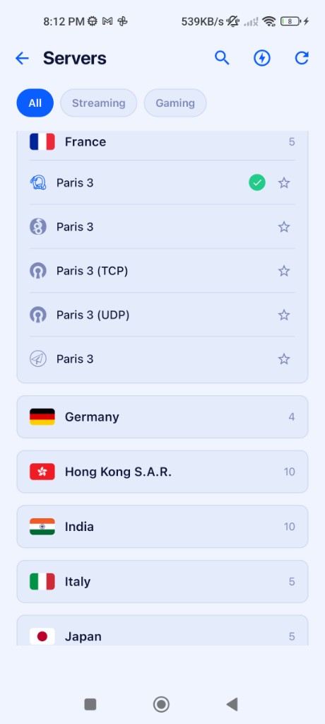 KloxVPN for Android — the server list, searchable by country and city
