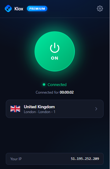 The KloxVPN Chrome extension popup — connected to London with the masked IP shown