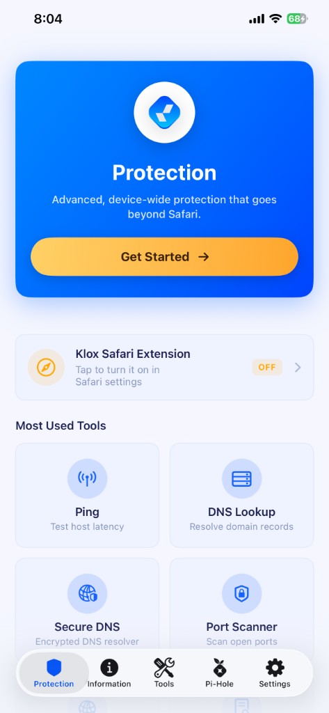 KloxVPN for iPhone — the Protection hub with ping, DNS and Safari extension tools