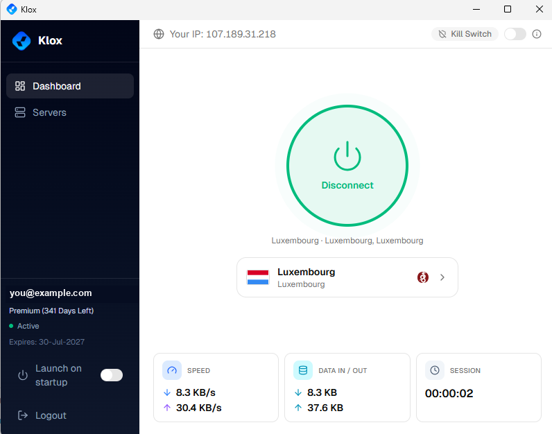 KloxVPN for Windows — connected to Luxembourg, with kill switch, speed and session stats
