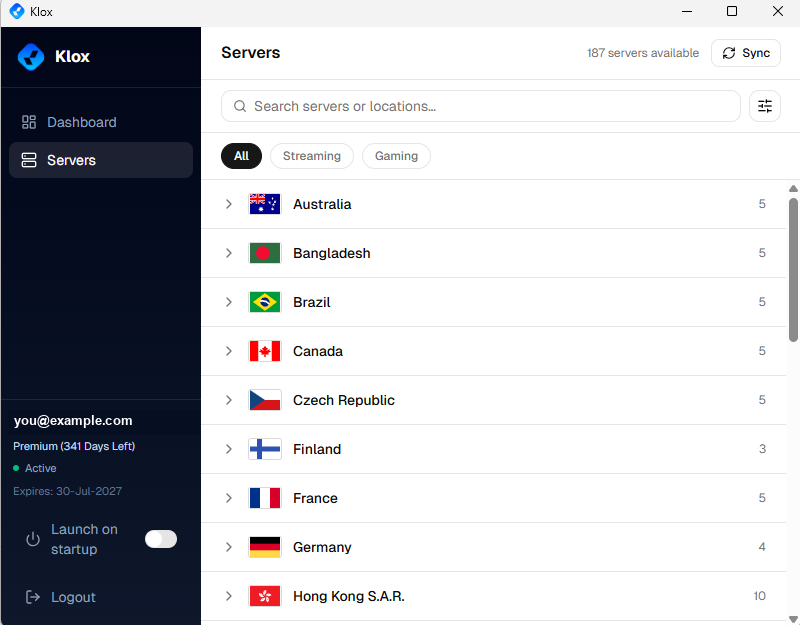 KloxVPN for Windows — the Servers tab, searchable and filterable by country