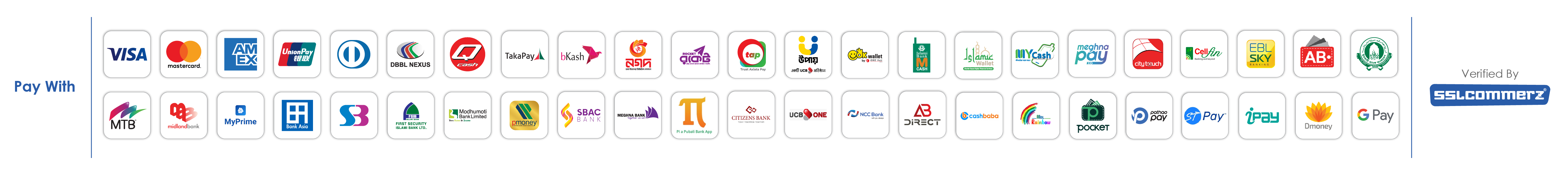 Pay with bKash, Nagad, Visa, Mastercard and local banks via SSLCommerz